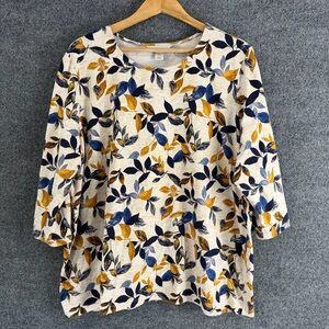 CJ BANKS Womens Floral 3/4 Sleeve Top Size 2X Beige Blue Pullover Casual Comfy